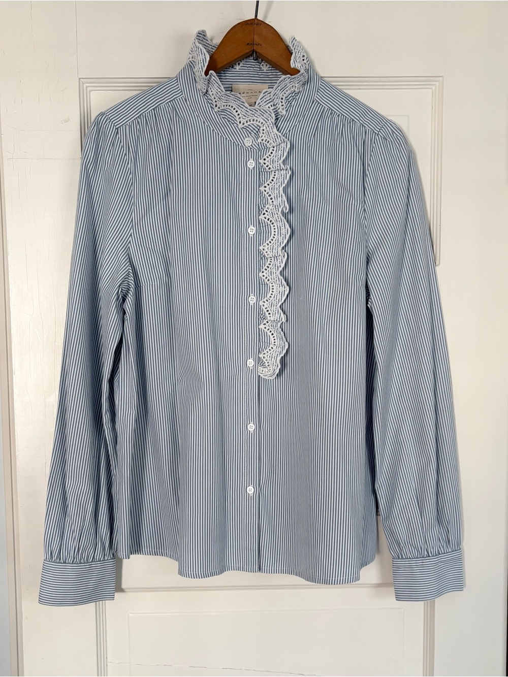 Sézane New Chlo Shirt Ecru/Blue Stripes Lace Stand Collar Detailed Placket 10